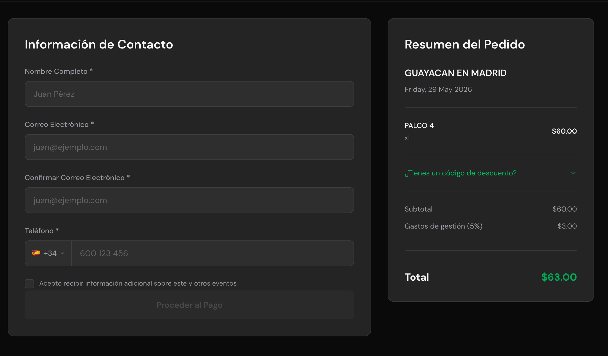 Formulario de checkout de Zelva con campos de nombre, email y telefono, junto al resumen del pedido con precio y gastos de gestion
