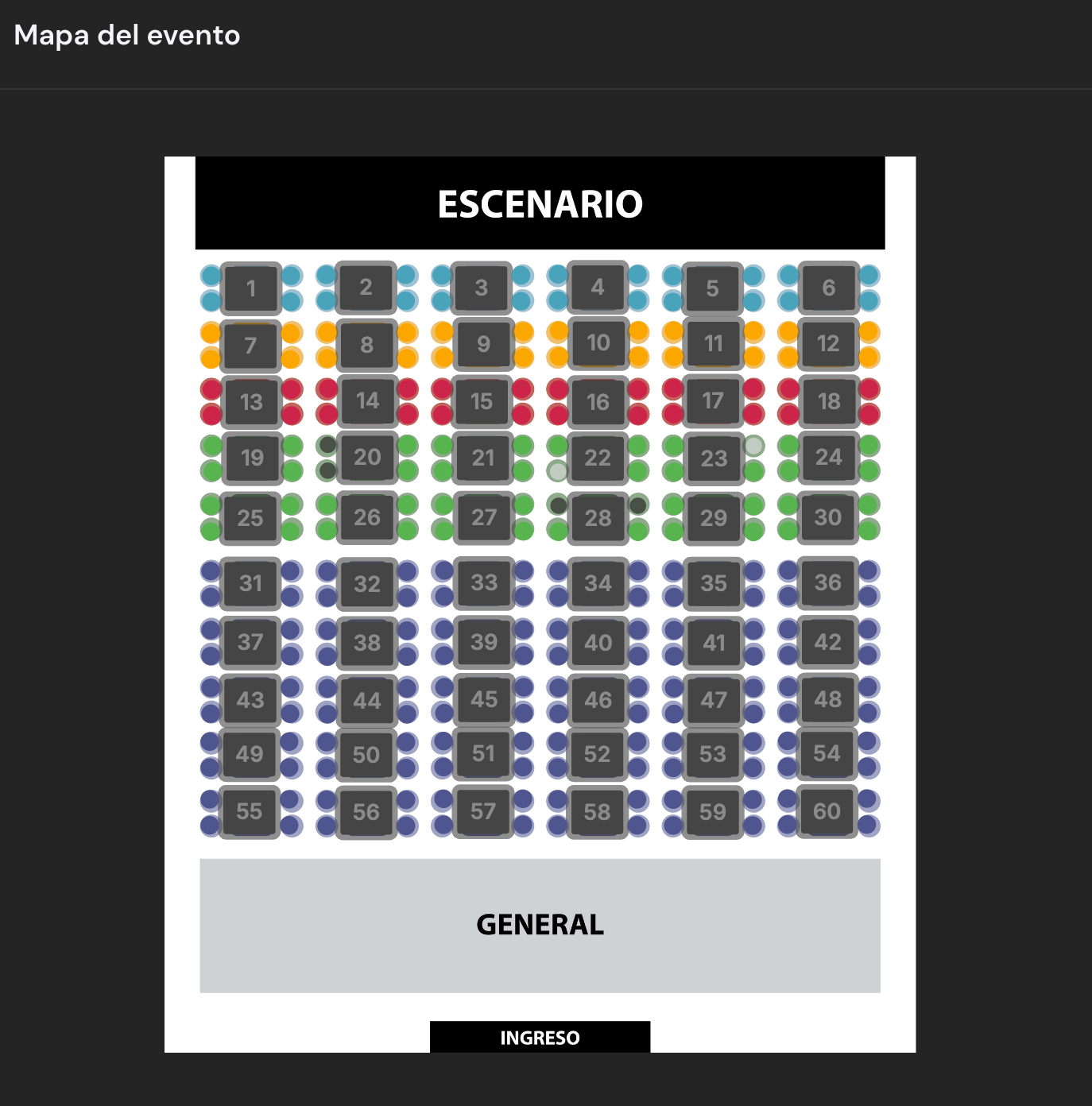 Mapa interactivo de un evento en Zelva mostrando mesas numeradas con categorias por colores: VIP, Palco, General