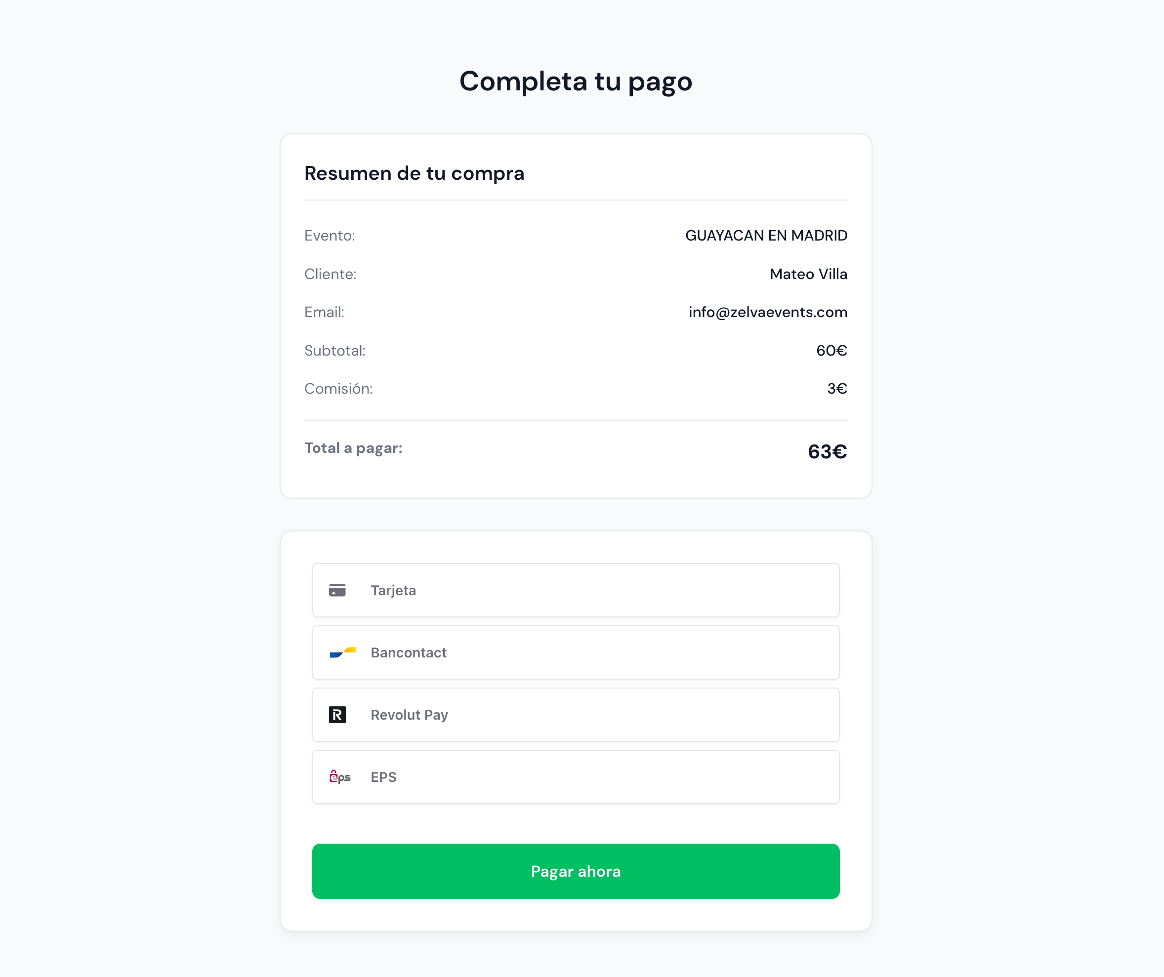 Pasarela de pago segura de Stripe con resumen de compra, formulario de tarjeta y opciones de Bancontact, Revolut Pay y EPS