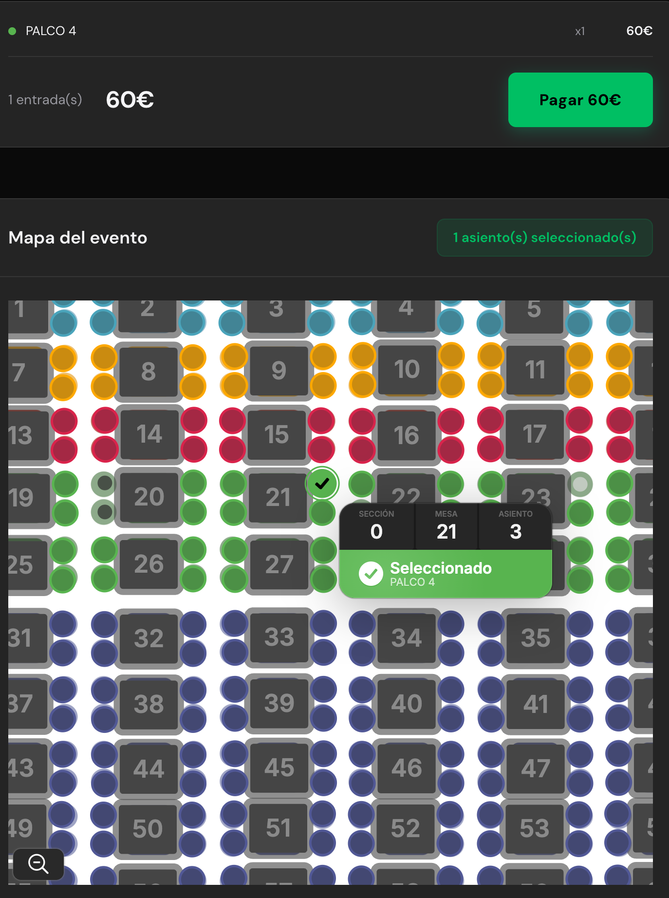 Detalle de seleccion de asiento: Seccion 0, Mesa 21, Asiento 3 — categoria Palco 4, seleccionado